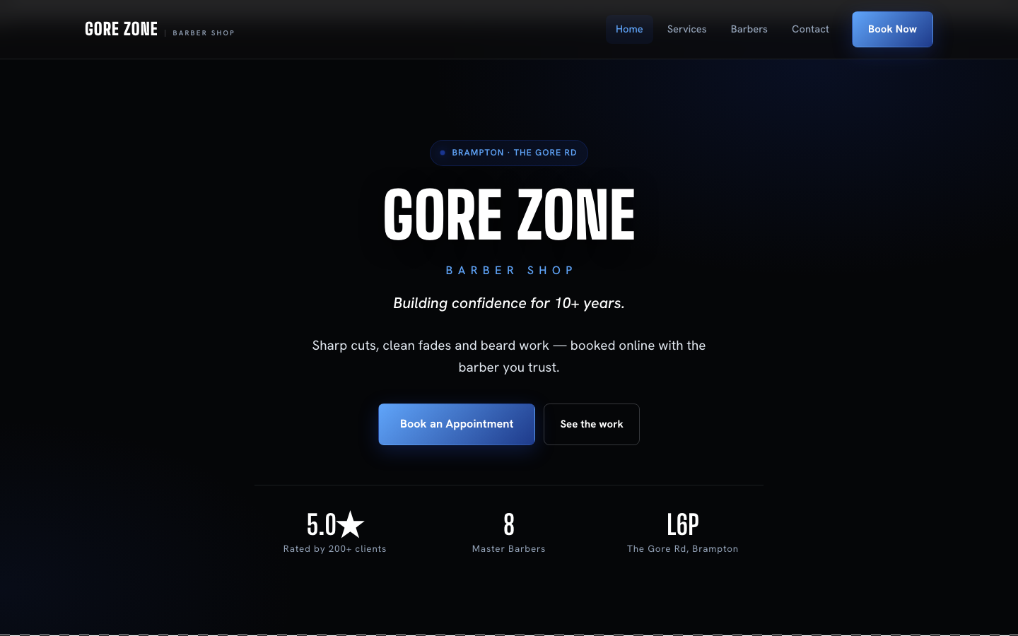 Gore Zone Barber Shop — live site homepage
