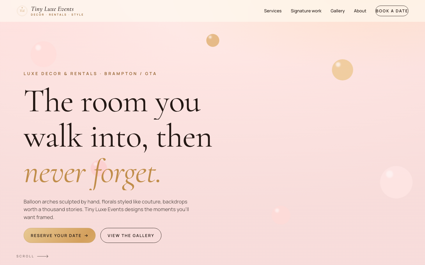 Tiny Luxe Events — live site homepage